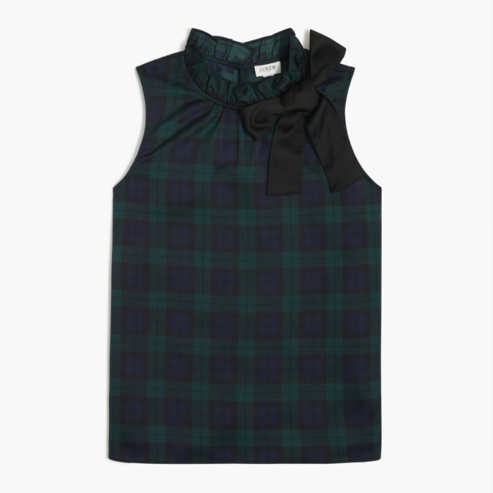 J. Crew Black Watch Plaid Bow Neck Ruffle Sleeveless Top  - Size: S / NWT